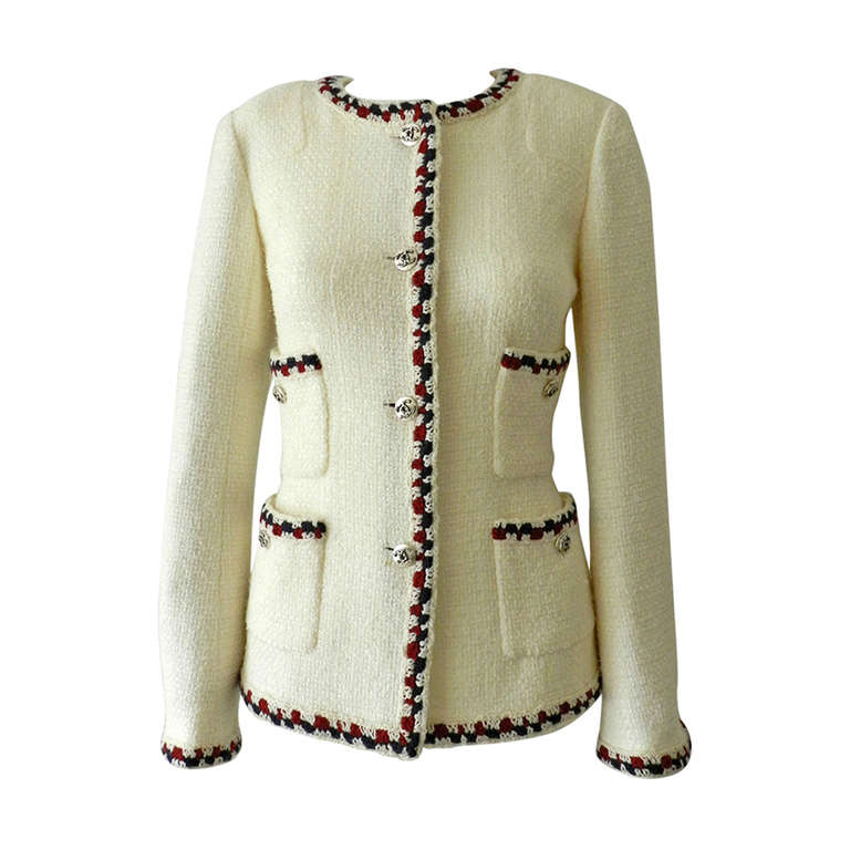 Chanel 11P Ivory Jacket with Navy/Red Trim at 1stdibs