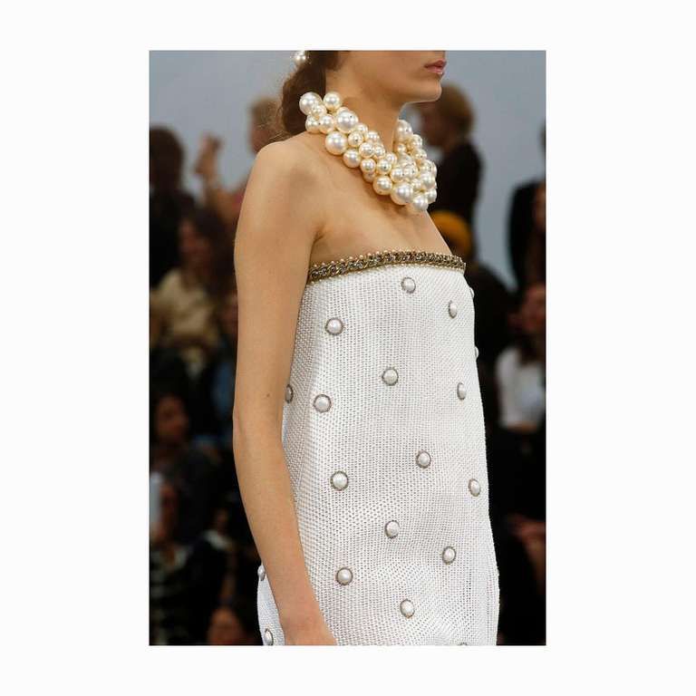 Chanel Spring 2013 runway multi pearl choker necklace. Iconic runway piece from that season. In original box with all tags and original paper price tag of $3975+. Excellent pristine condition - worn once if at all. Brushed champagne goldtone metal.