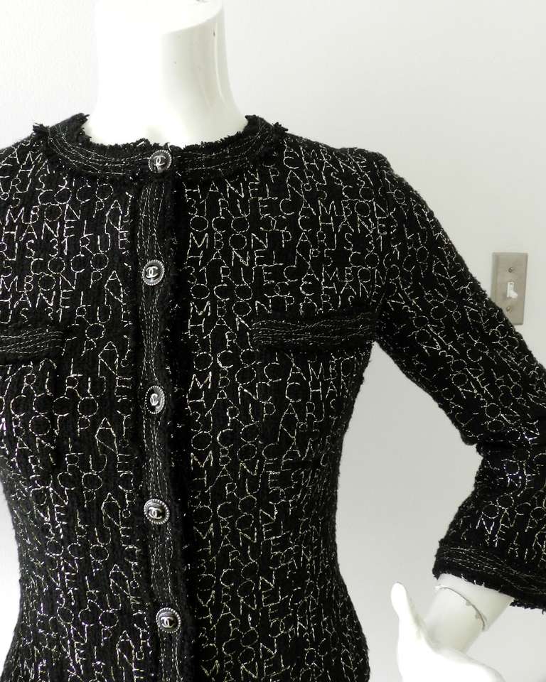 Chanel 07P Black Jacket with Silver Logo Embroidery In Excellent Condition In Toronto, ON
