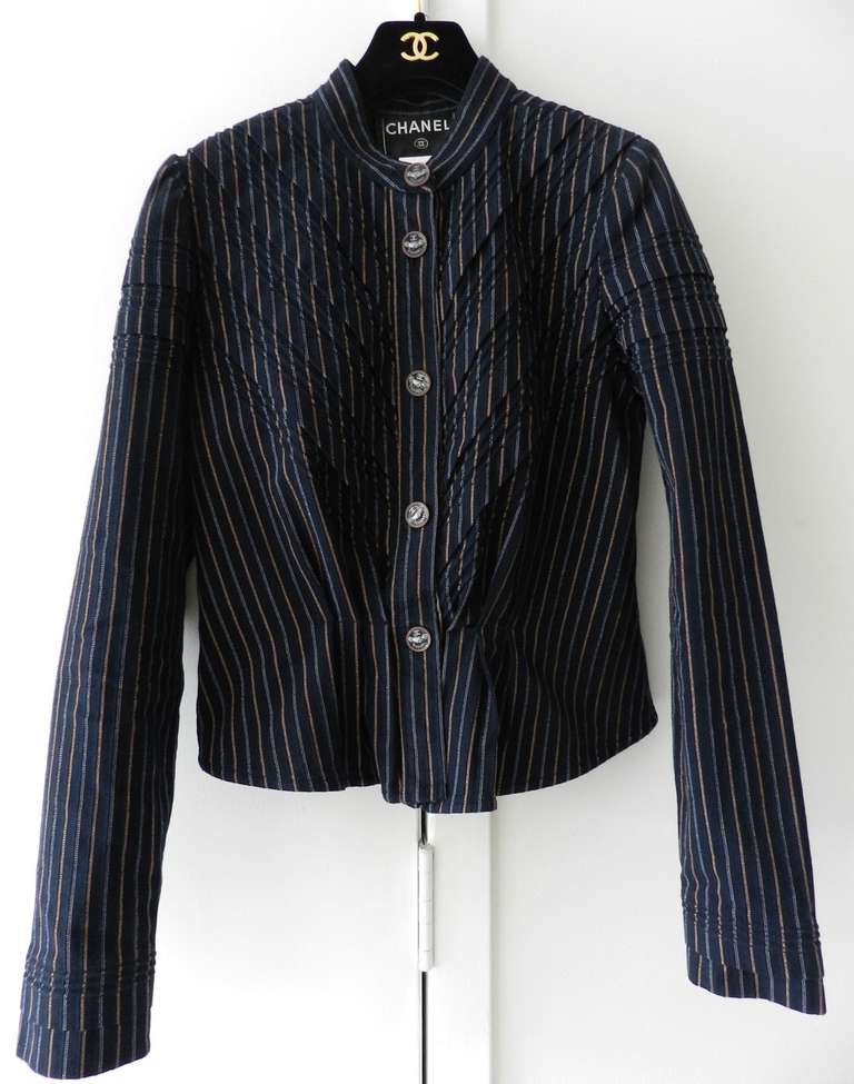 Chanel 2008 spring cotton striped jacket and skirt. Skirt has never been worn and has original price tag of $4375 still attached. The jacket cost more, and has been worn only once. Size 38 (USA 6). To fit 34