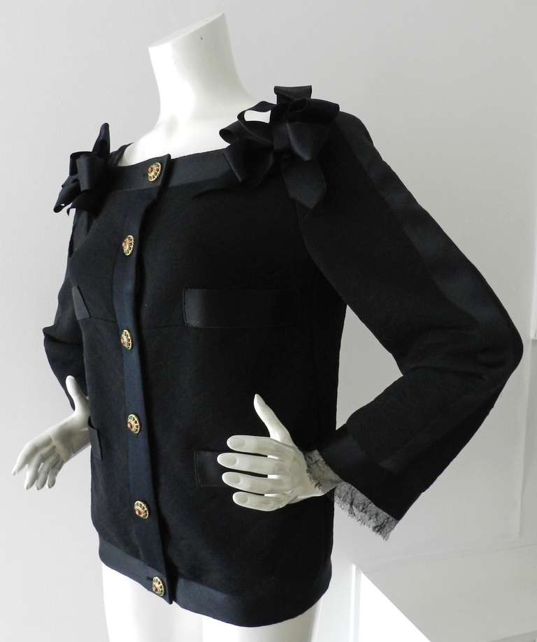 Women's Chanel 10P Black Silk Trim Jacket with Gripoix Buttons