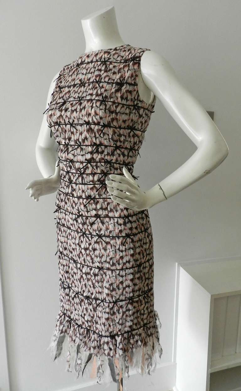 Oscar de la Renta Pink Pleated Dress with Feather Trim