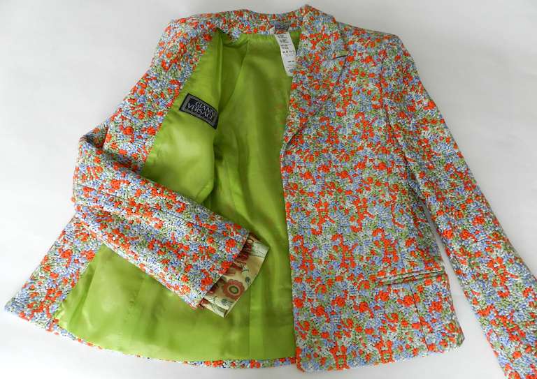 Vintage Gianni Versace Couture Orange / Green Suit with Coral Beads In Excellent Condition In Toronto, ON