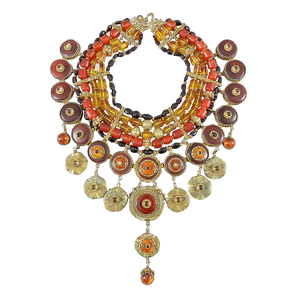 Tony Duquette 1999 Talisman Bib Necklace in Box - Amber and Garnet