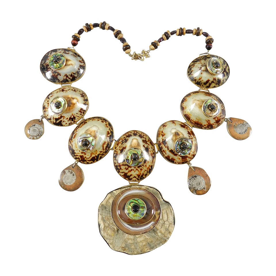 Tony Duquette 1999 Talisman Bib Necklace in Box - Ammonite and Shells