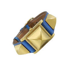 Hermes Medor Blue Leather Goldtone Stud Watch