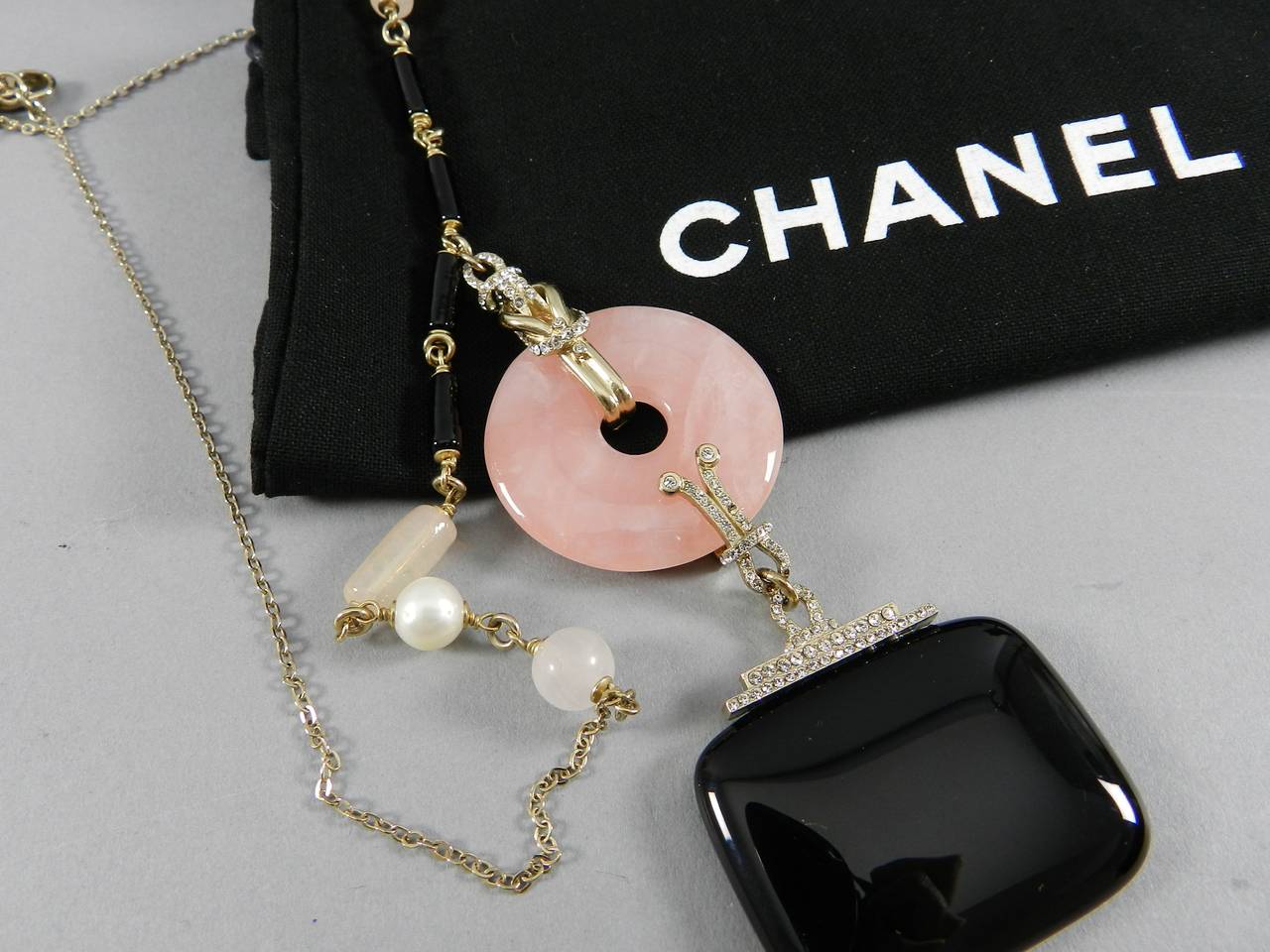 Women's Chanel 09A Runway Pink and Black Art Deco Drop Necklace