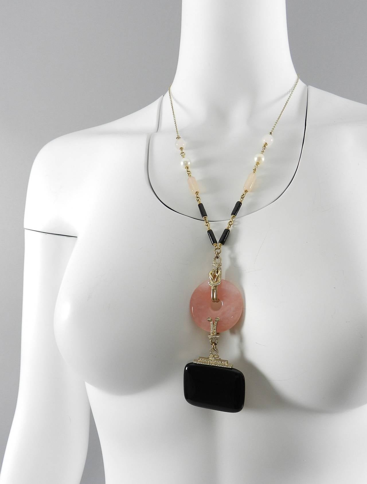 Chanel 09A Runway Pink and Black Art Deco Drop Necklace 1