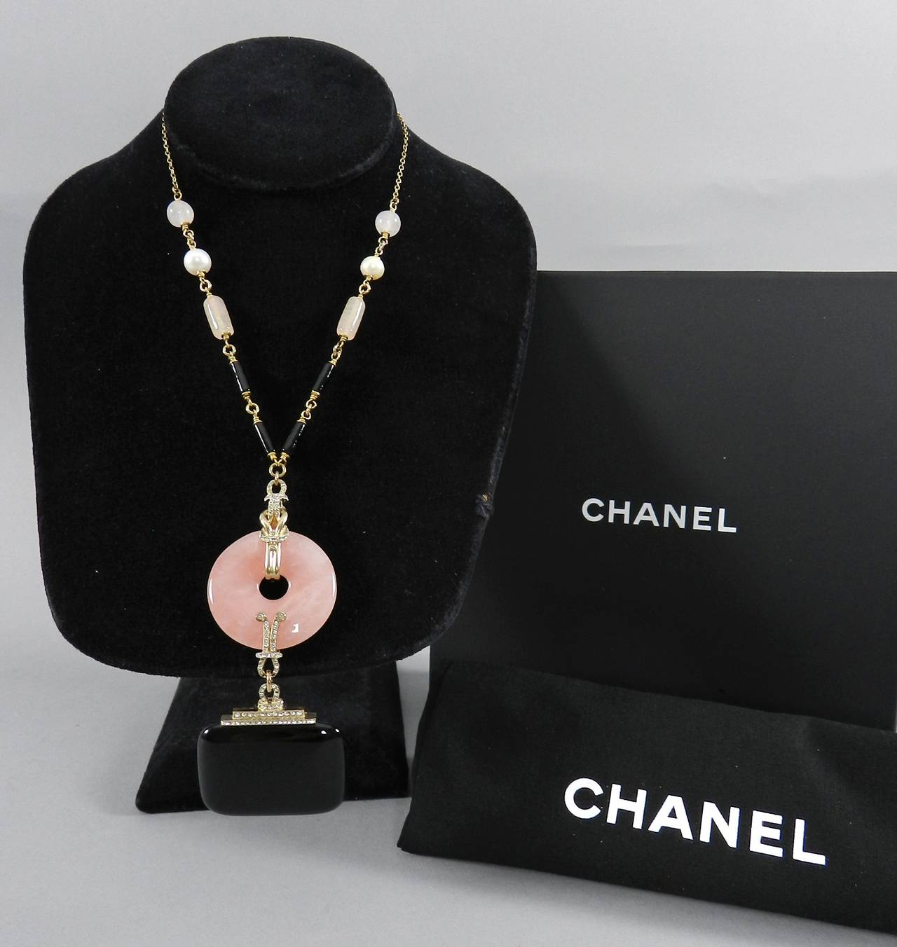 Chanel 09A Runway Pink and Black Art Deco Drop Necklace 2