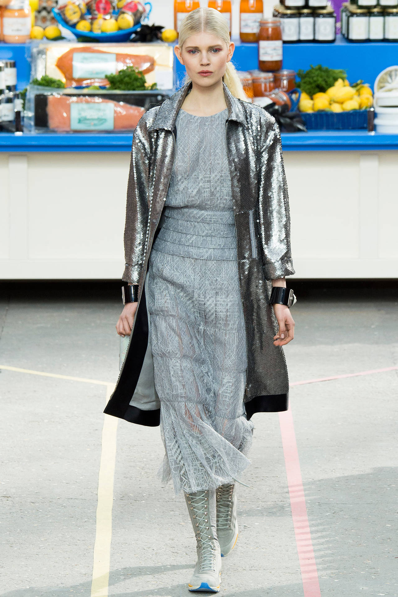 Chanel 2014 Fall runway silver sequin dress / coat. Excellent condition - worn once if at all. Original retail was $16 K+. Tagged size FR 38 (USA 6). Can be worn fully zipped down as a jacket, or zippered up as a dress. Pointed collars, corset look