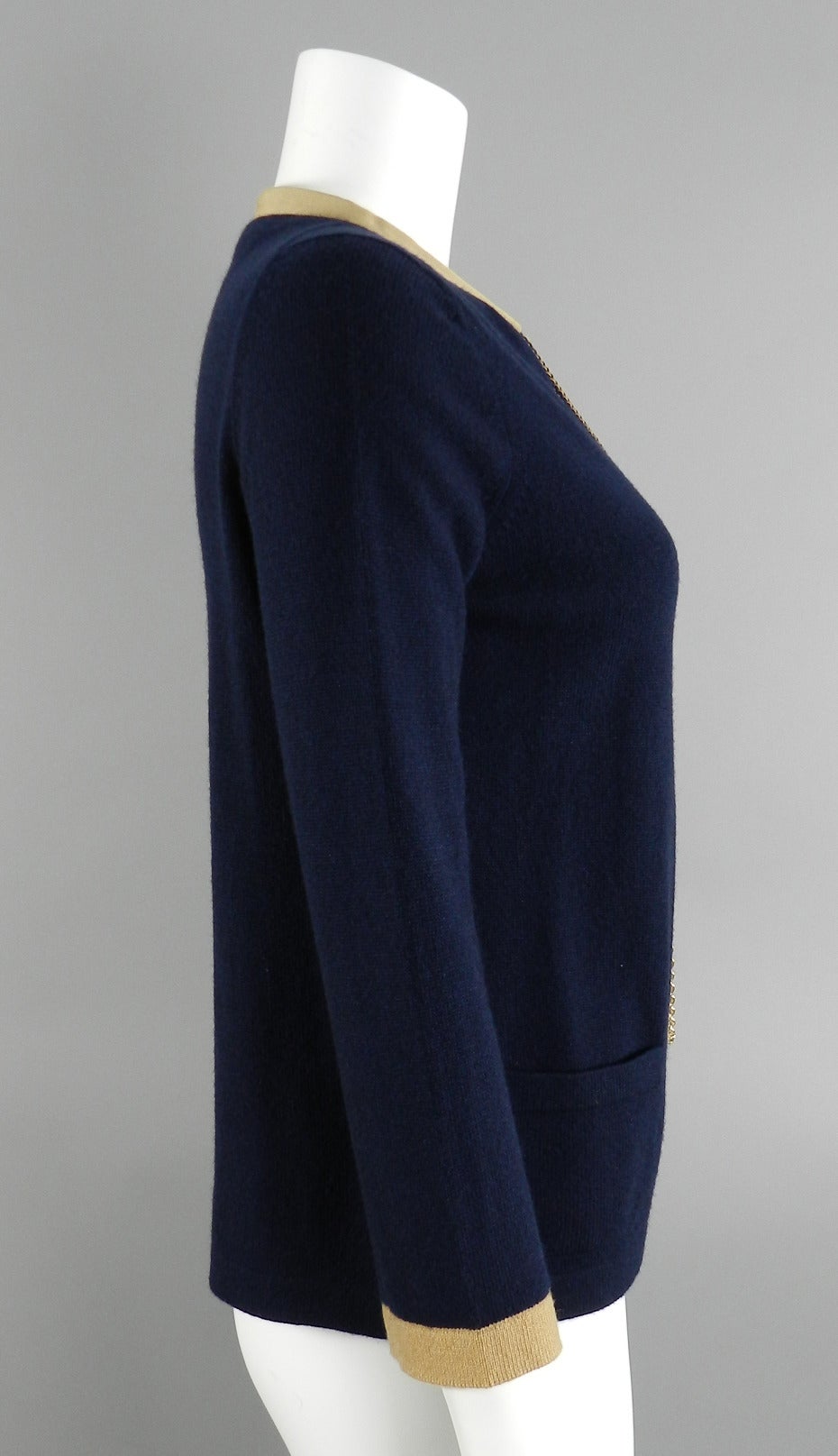 Chanel 11P Navy Cashmere Cardigan with Gold Chain In Excellent Condition In Toronto, ON