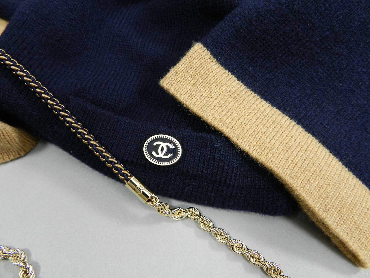 Chanel 11P Navy Cashmere Cardigan with Gold Chain 2