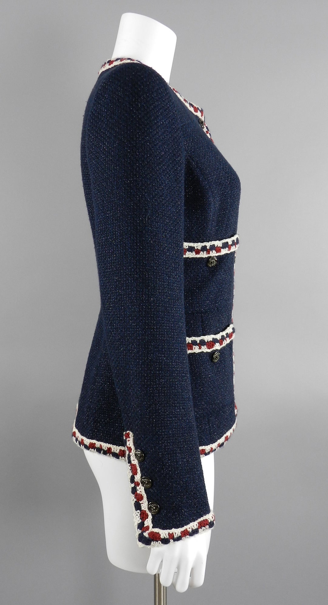 Chanel Navy Jacket with Burgundy and Ivory Trim