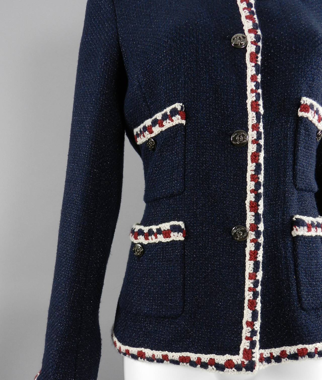 Women's Chanel Navy Jacket with Burgundy and Ivory Trim