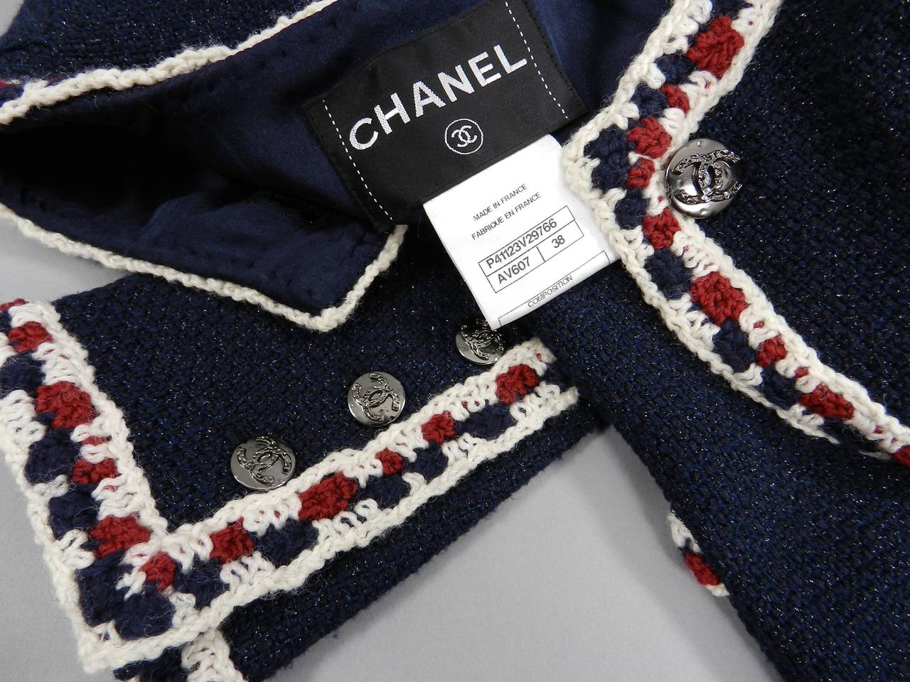 Chanel Navy Jacket with Burgundy and Ivory Trim 1