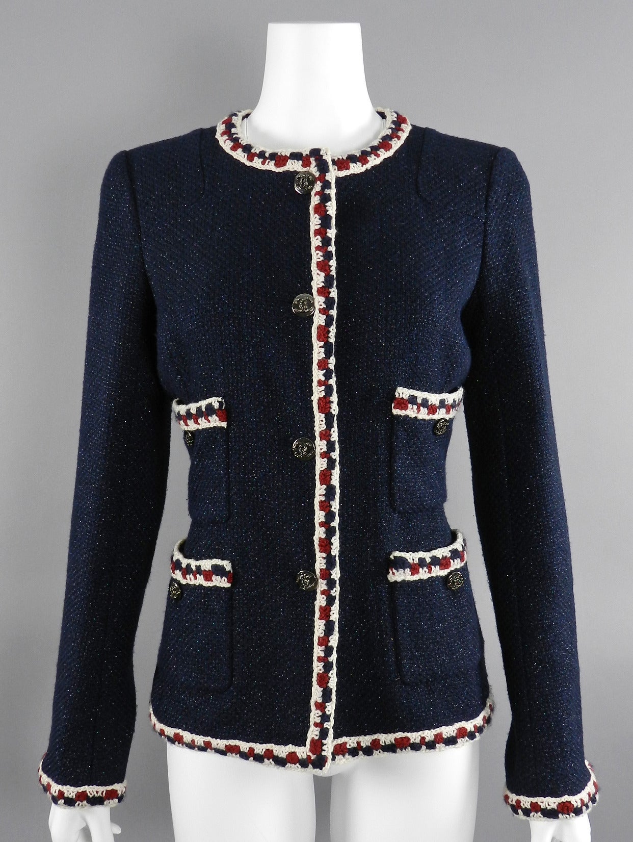 Chanel Navy Jacket with Burgundy and Ivory Trim 3