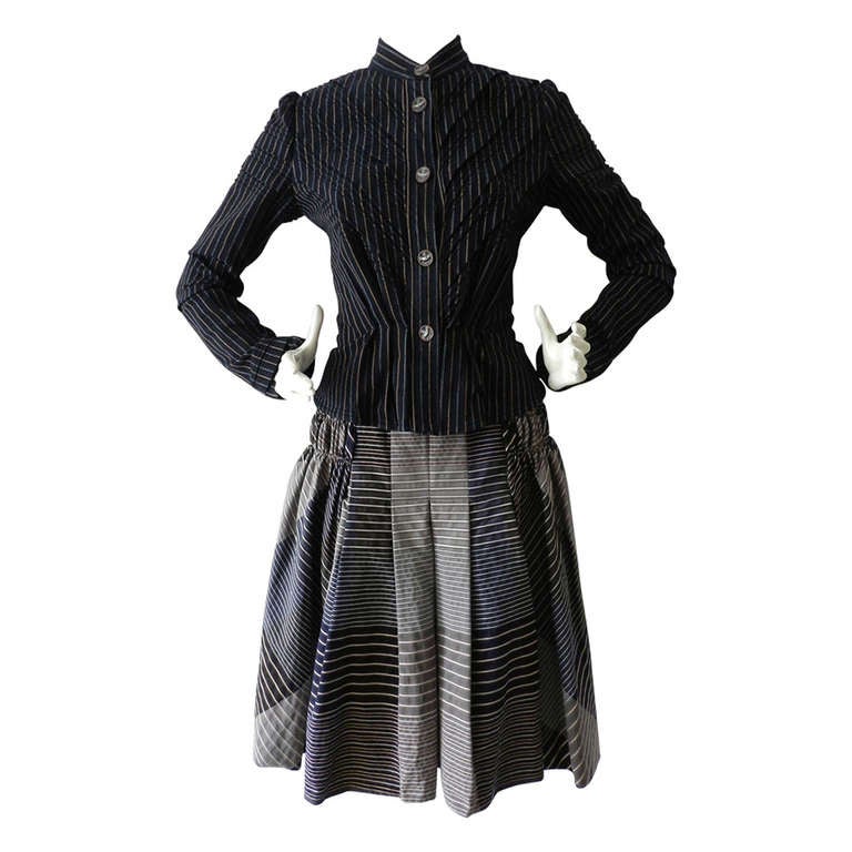 Chanel 08P Navy Cotton Striped Jacket and Skirt Suit