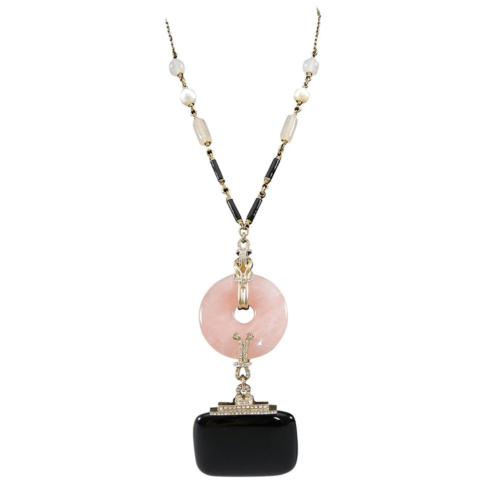 Chanel 09A Runway Pink and Black Art Deco Drop Necklace