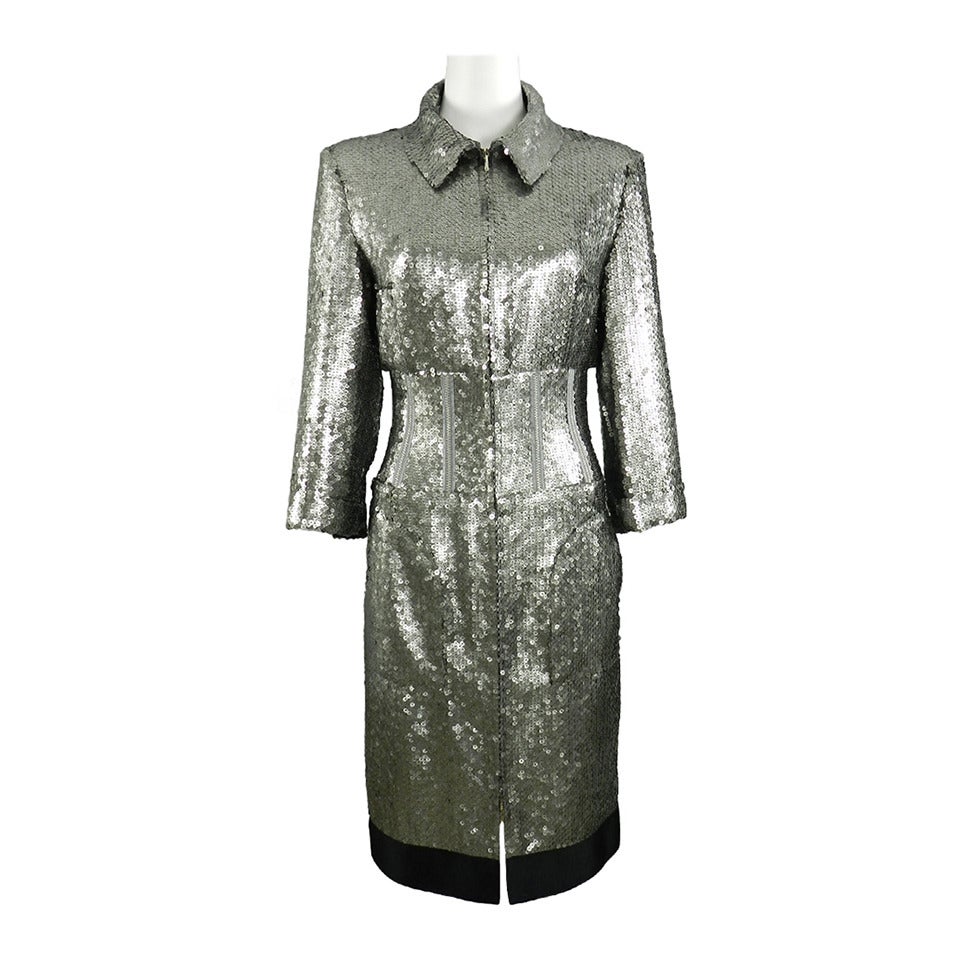Chanel 14A Runway Silver Sequin Dress Coat