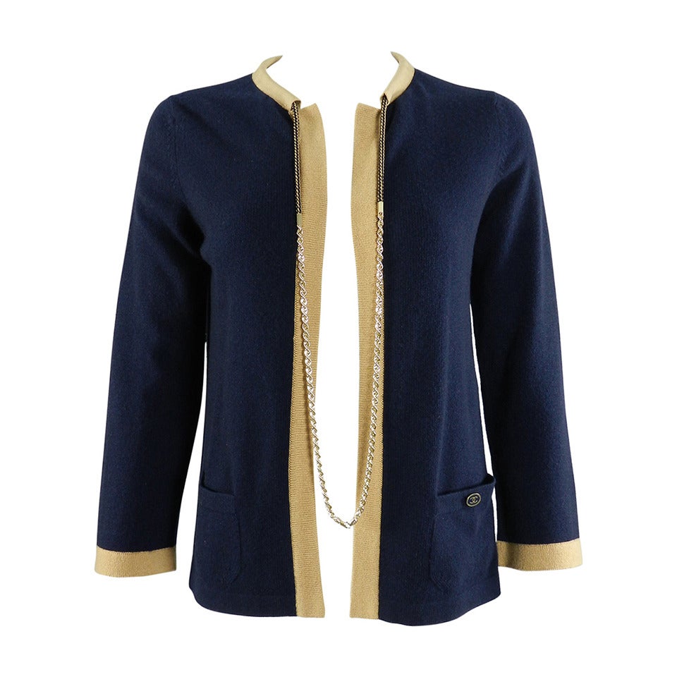 Chanel 11P Navy Cashmere Cardigan with Gold Chain