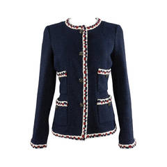 Chanel Navy Jacket with Burgundy and Ivory Trim