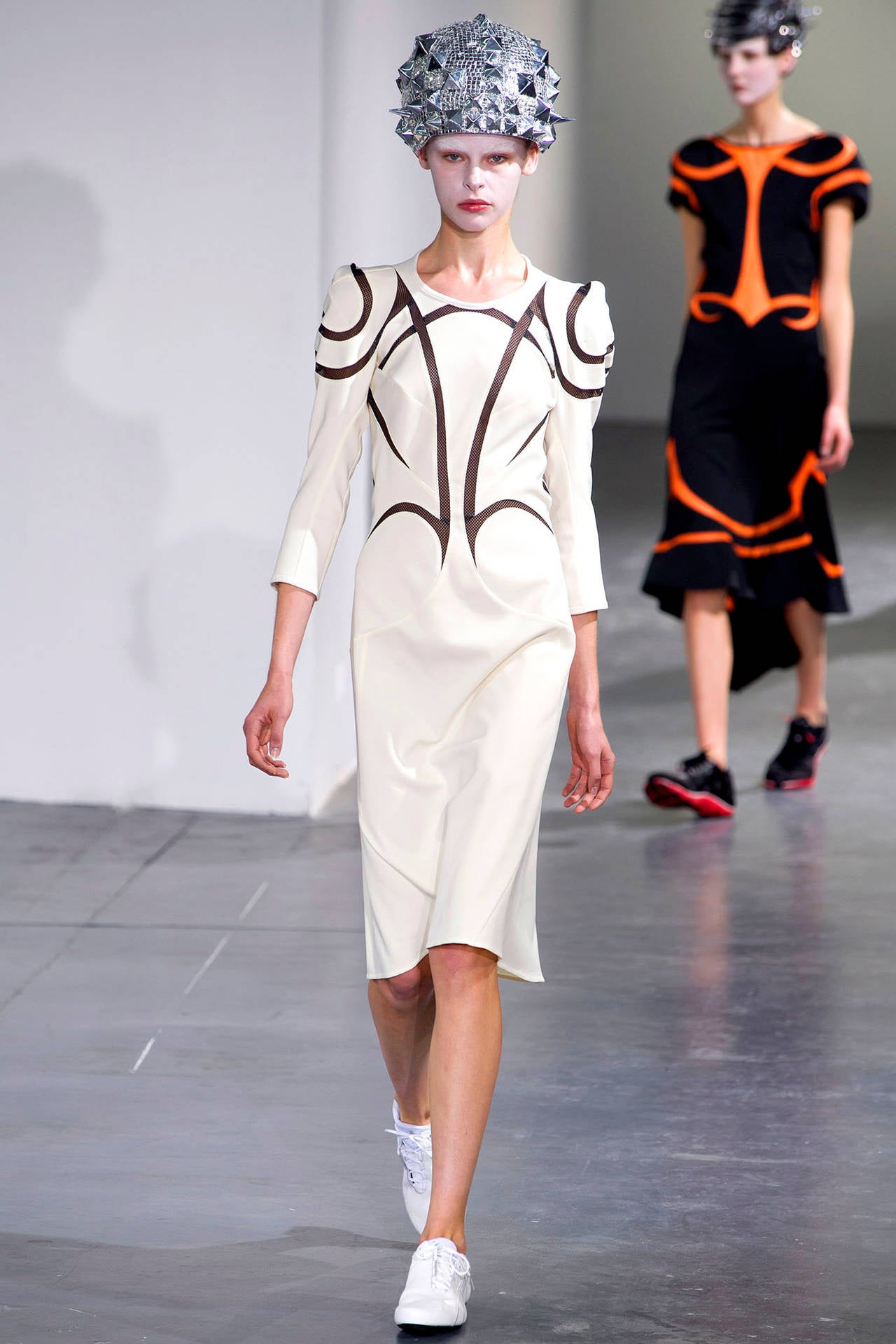 Junya Watanabe Comme des Garcons 2013 Spring Runway Ivory Mesh Dress.  Excellent condition. Zipper at back, pointed shoulders, fishtail back skirt hem.  Tagged size small but fits like a USA 6. To fit 34