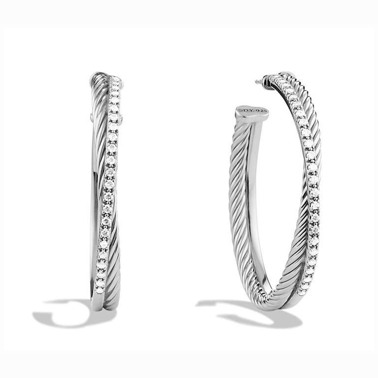 David Yurman XL Crossover Diamond Sterling Hoop Earrings In Excellent Condition In Toronto, ON