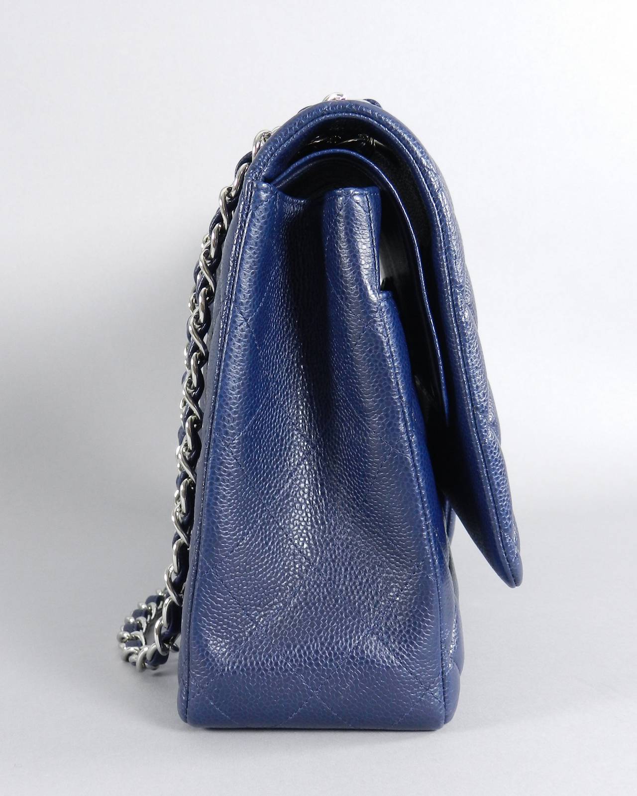 Chanel Navy Blue Caviar MAXI Double Flap Bag - Silver Hardware 3