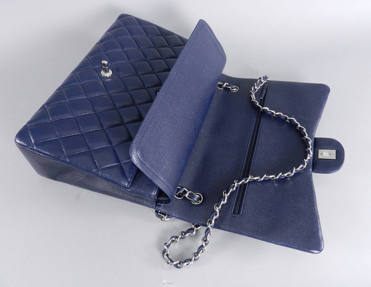 Chanel Navy Blue Caviar MAXI Double Flap Bag - Silver Hardware In Excellent Condition In Toronto, ON