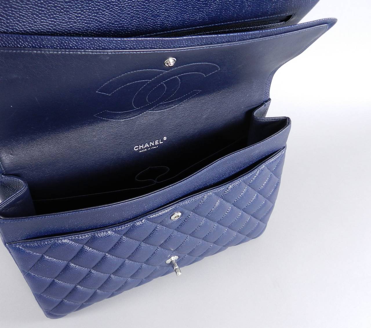 Women's Chanel Navy Blue Caviar MAXI Double Flap Bag - Silver Hardware