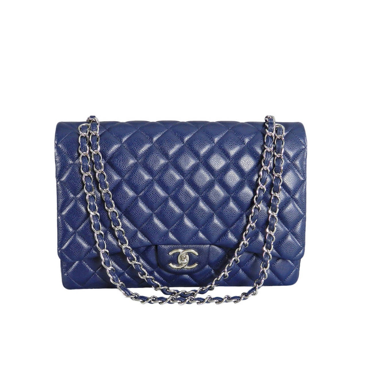 Chanel Navy Blue Caviar MAXI Double Flap Bag - Silver Hardware