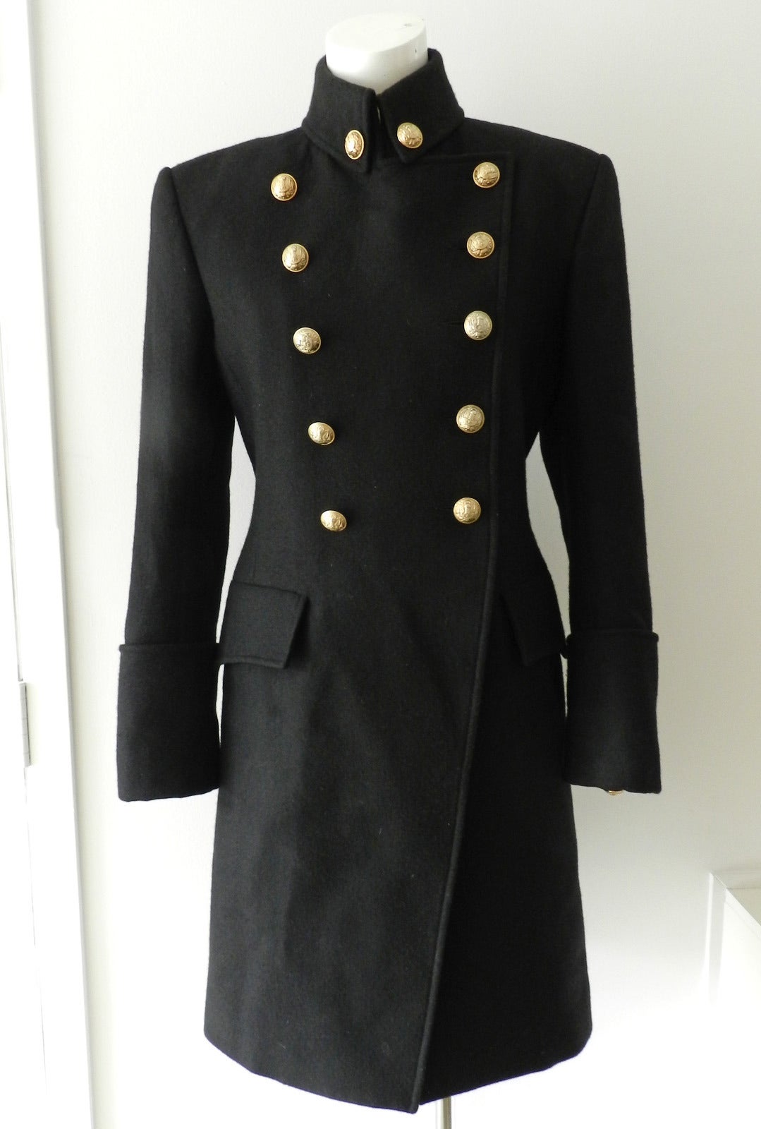 Balmain Black Wool Military Coat with Gold Buttons at 1stDibs