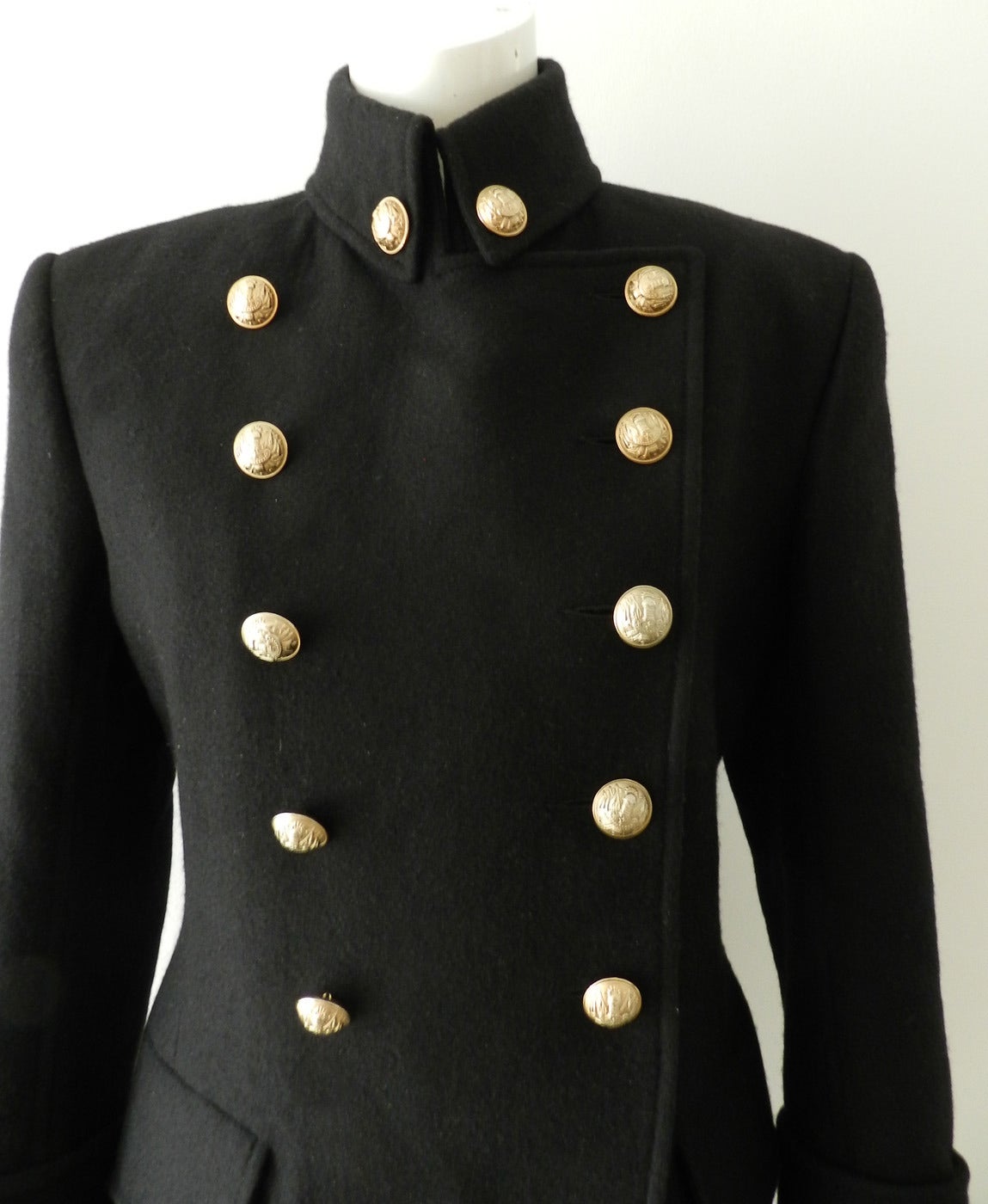 Balmain Black Wool Military Coat with Gold Buttons In Excellent Condition In Toronto, ON