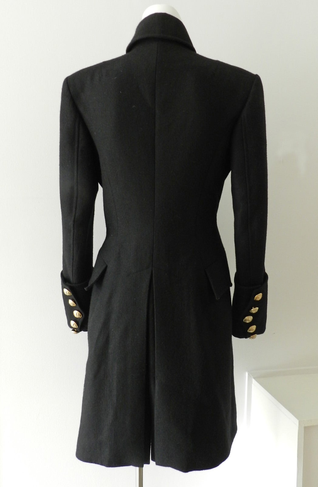 Women's Balmain Black Wool Military Coat with Gold Buttons