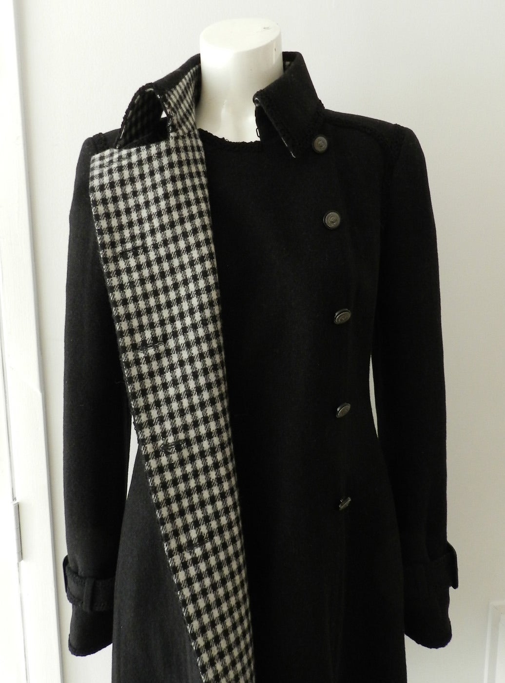 Chanel Black Wool Military Coat with Houndstooth Interior In Excellent Condition In Toronto, ON