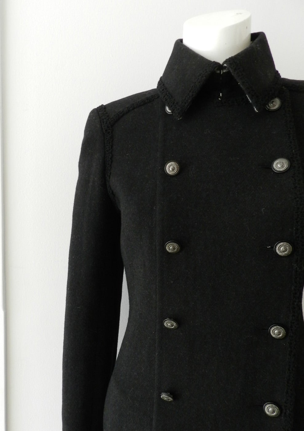 Women's Chanel Black Wool Military Coat with Houndstooth Interior