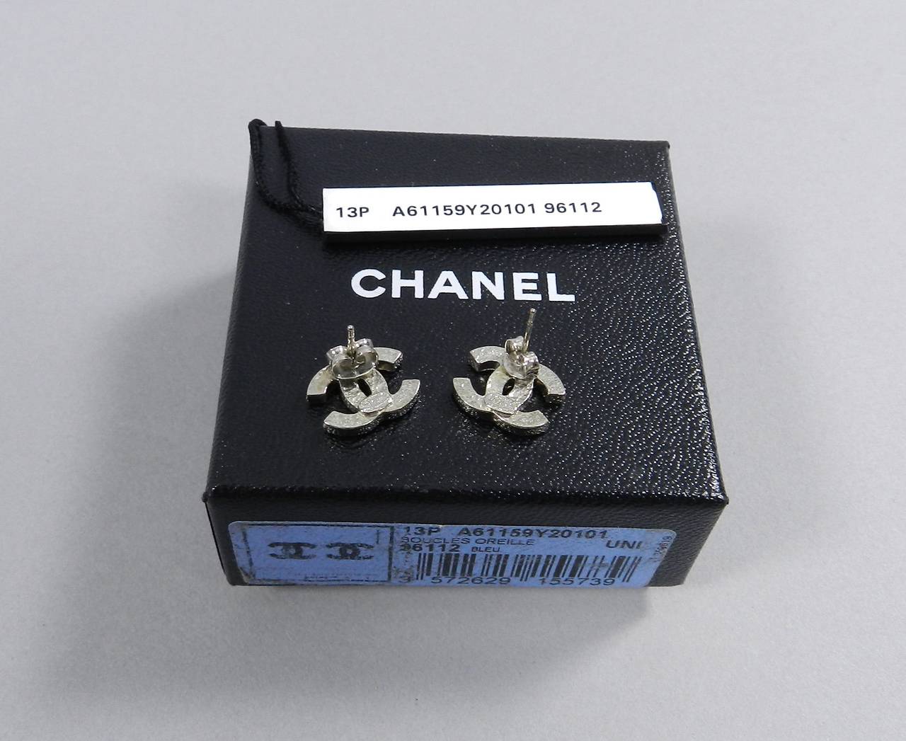 Chanel 13P Silvertone CC Rhinestone Stud Earrings In Excellent Condition In Toronto, ON