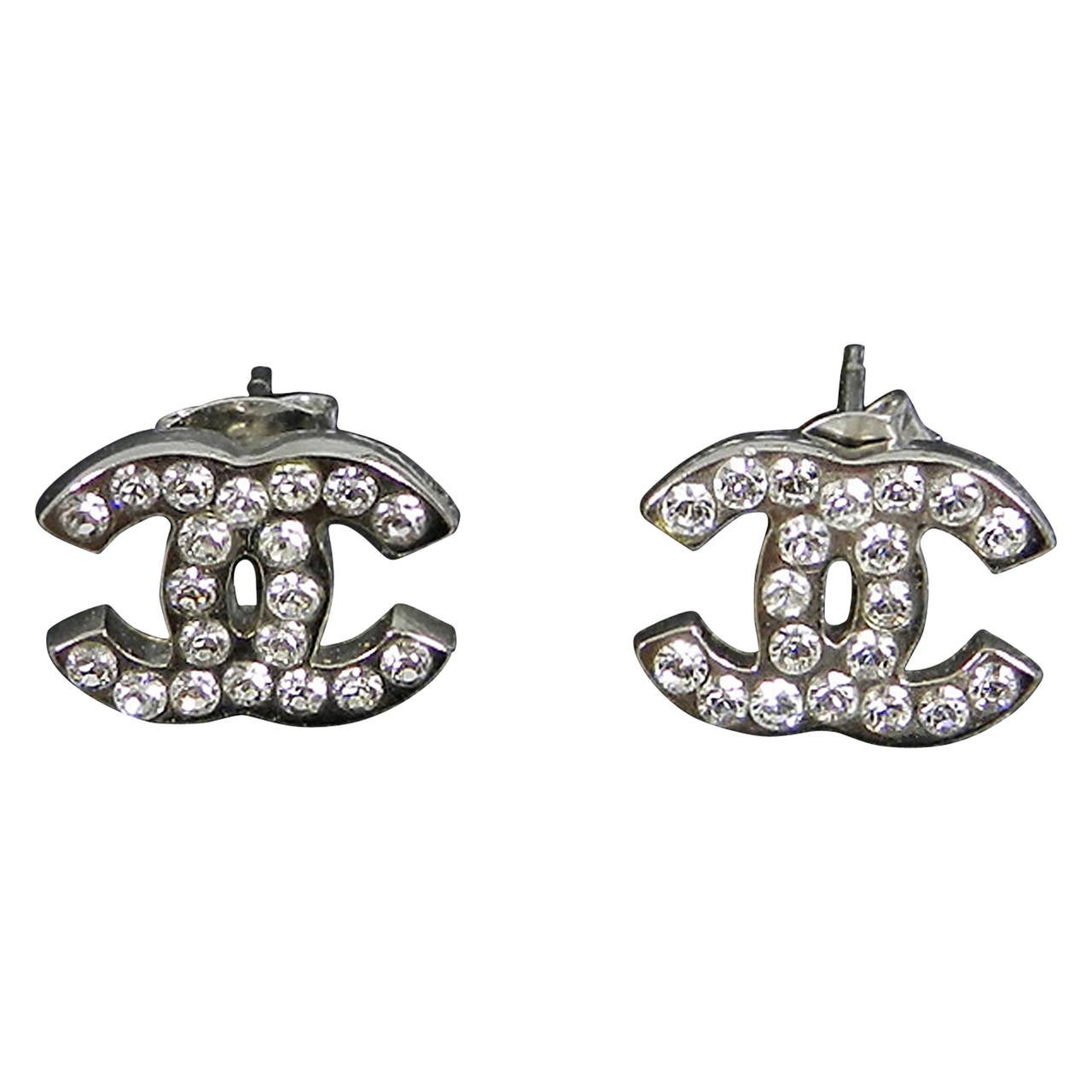 Chanel 13P Silvertone CC Rhinestone Stud Earrings