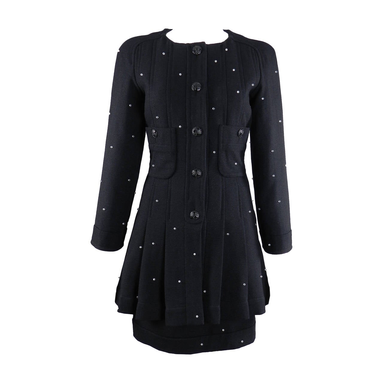 Chanel 13A Black Wool Dress Coat and Skirt Suit With Clear Beads