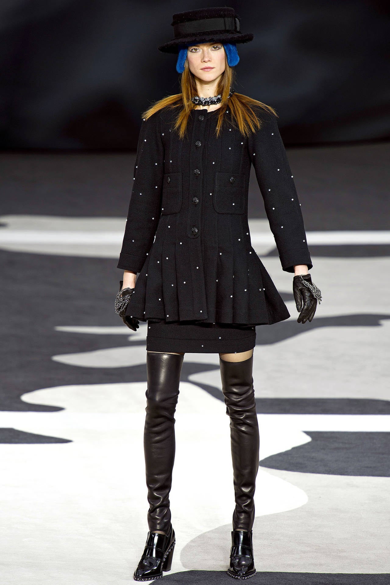 Chanel 13A Black Wool Dress Coat and Skirt Suit With Clear Beads