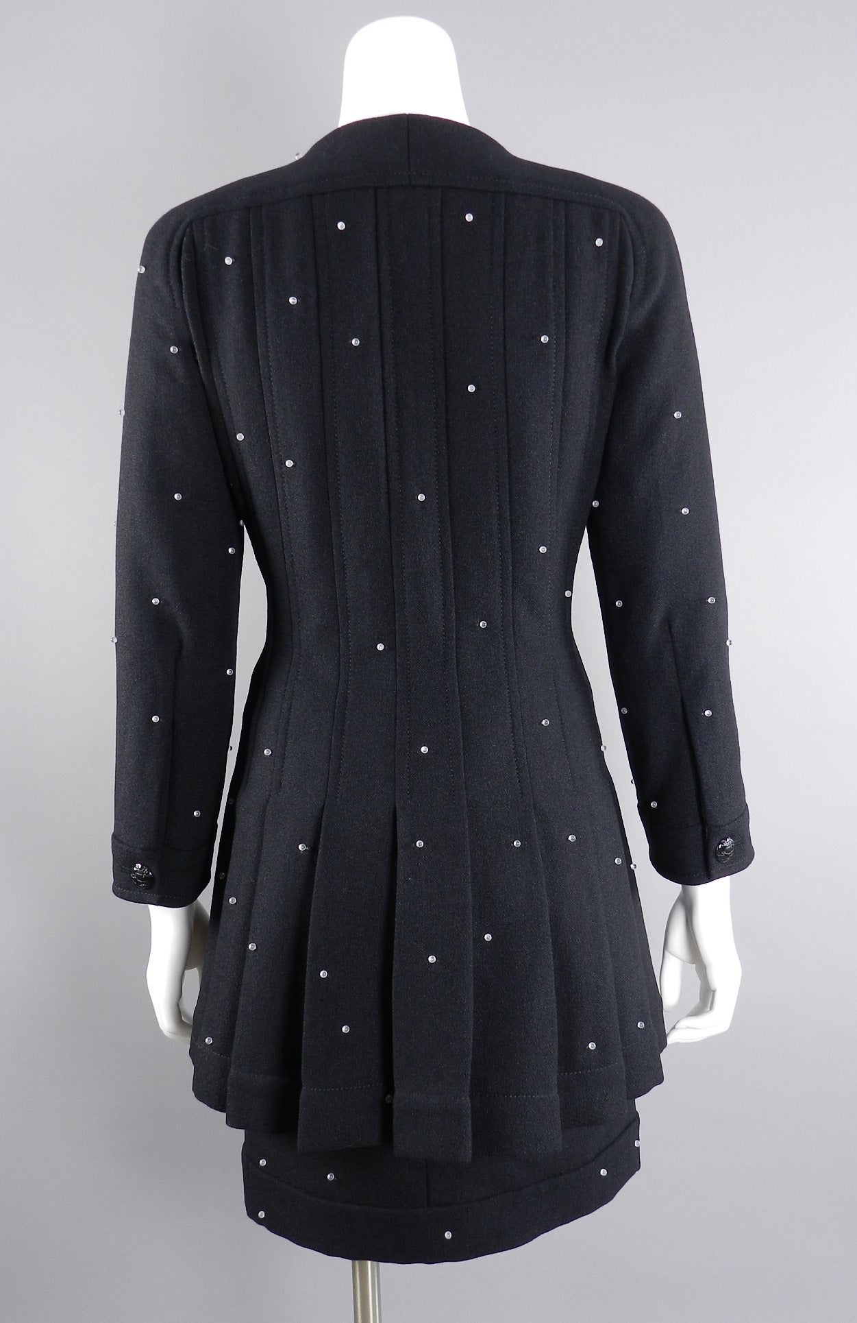 Chanel 13A Black Wool Dress Coat and Skirt Suit With Clear Beads 1