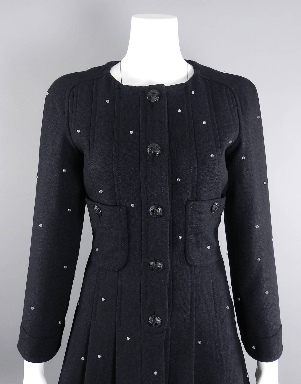 Chanel 13A Black Wool Dress Coat and Skirt Suit With Clear Beads 2