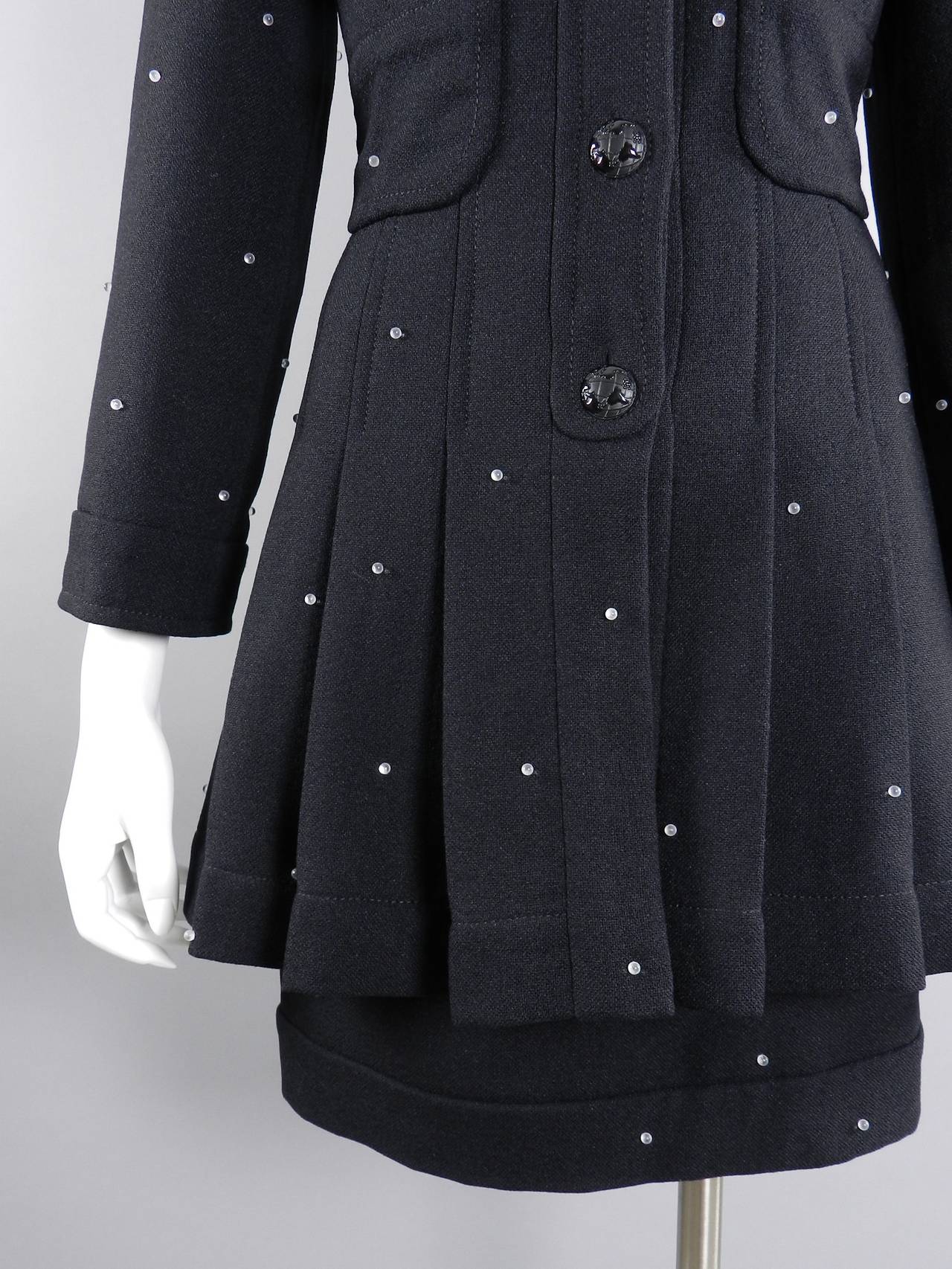 Chanel 13A Black Wool Dress Coat and Skirt Suit With Clear Beads 4