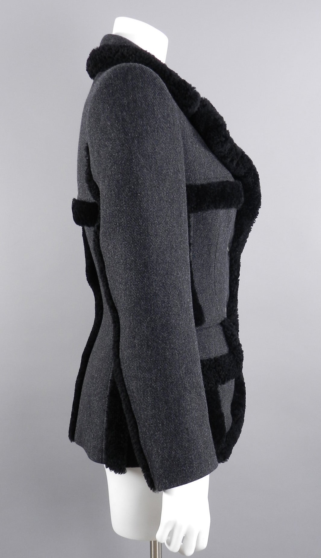Women's Prada Fall 2014 Grey Wool Runway Coat with Shearling Trim