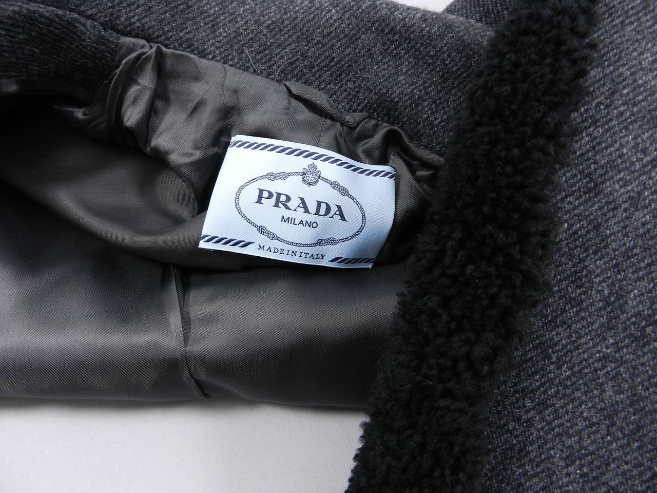 Prada Fall 2014 Grey Wool Runway Coat with Shearling Trim 4