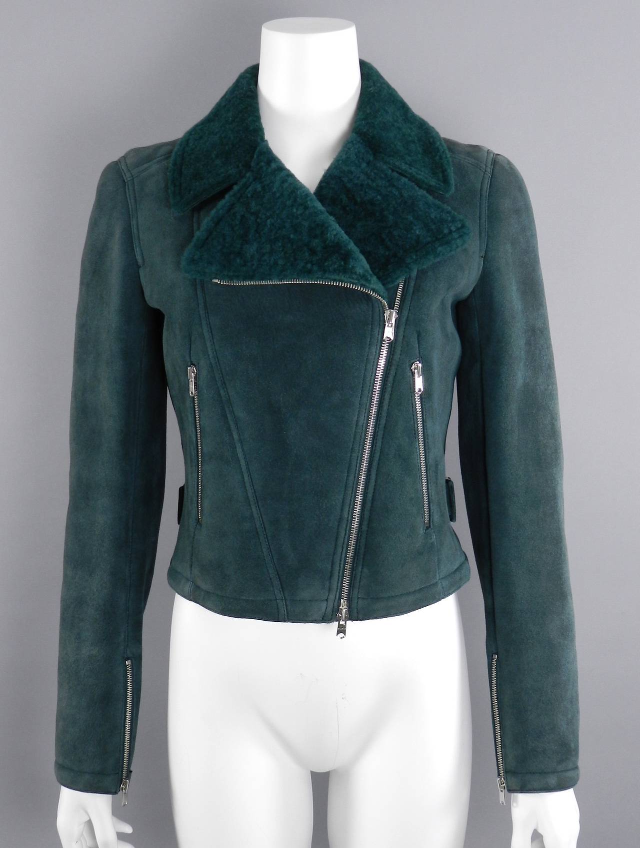 Alaia Green Shearling Motorcycle Crop Jacket 3