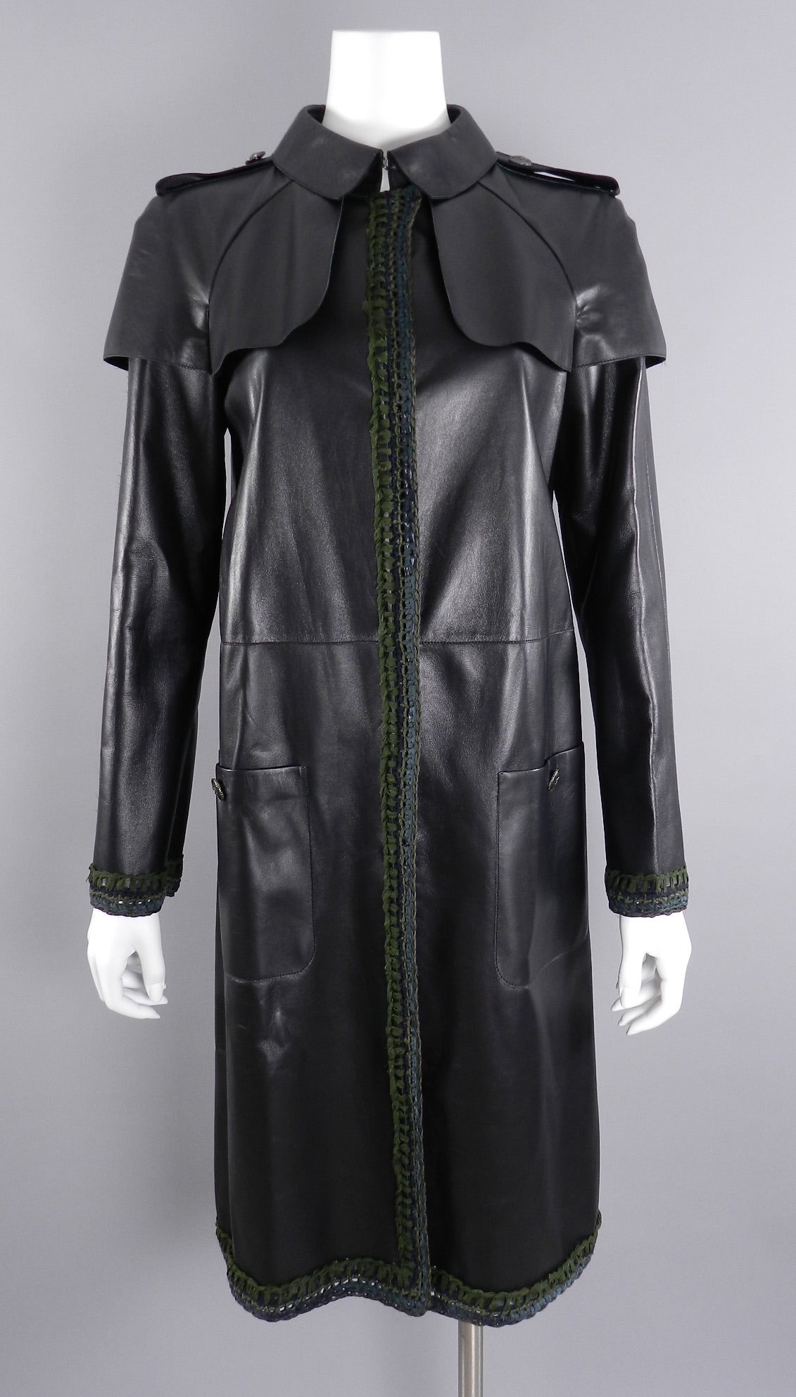 Chanel 12P Leather Coat with Green Knit Trim 4