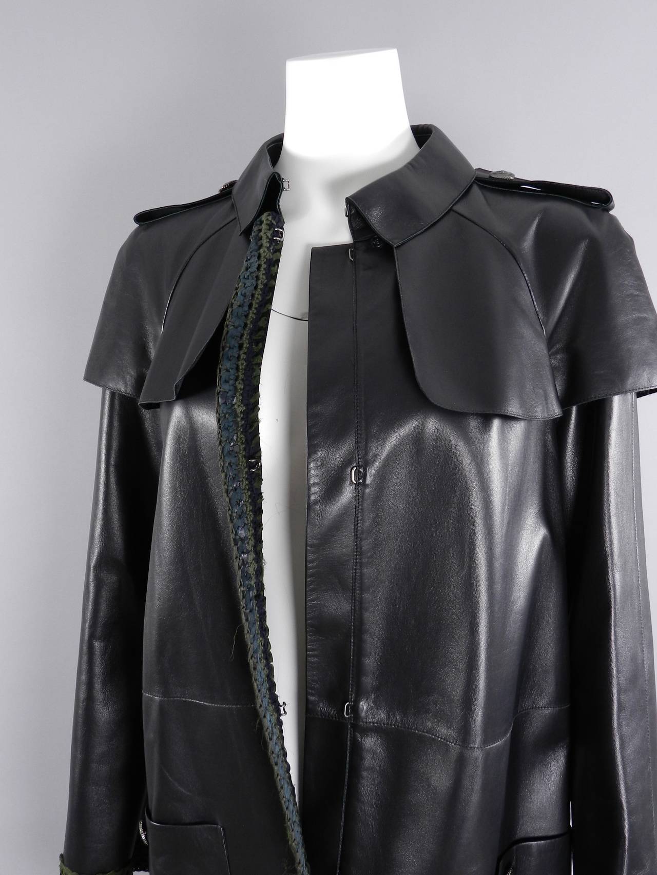 Women's Chanel 12P Leather Coat with Green Knit Trim