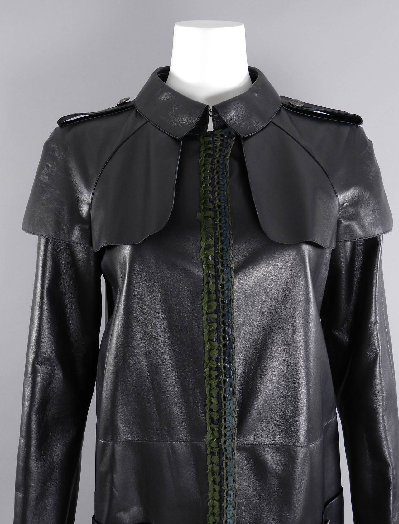Chanel 12P Leather Coat with Green Knit Trim 1