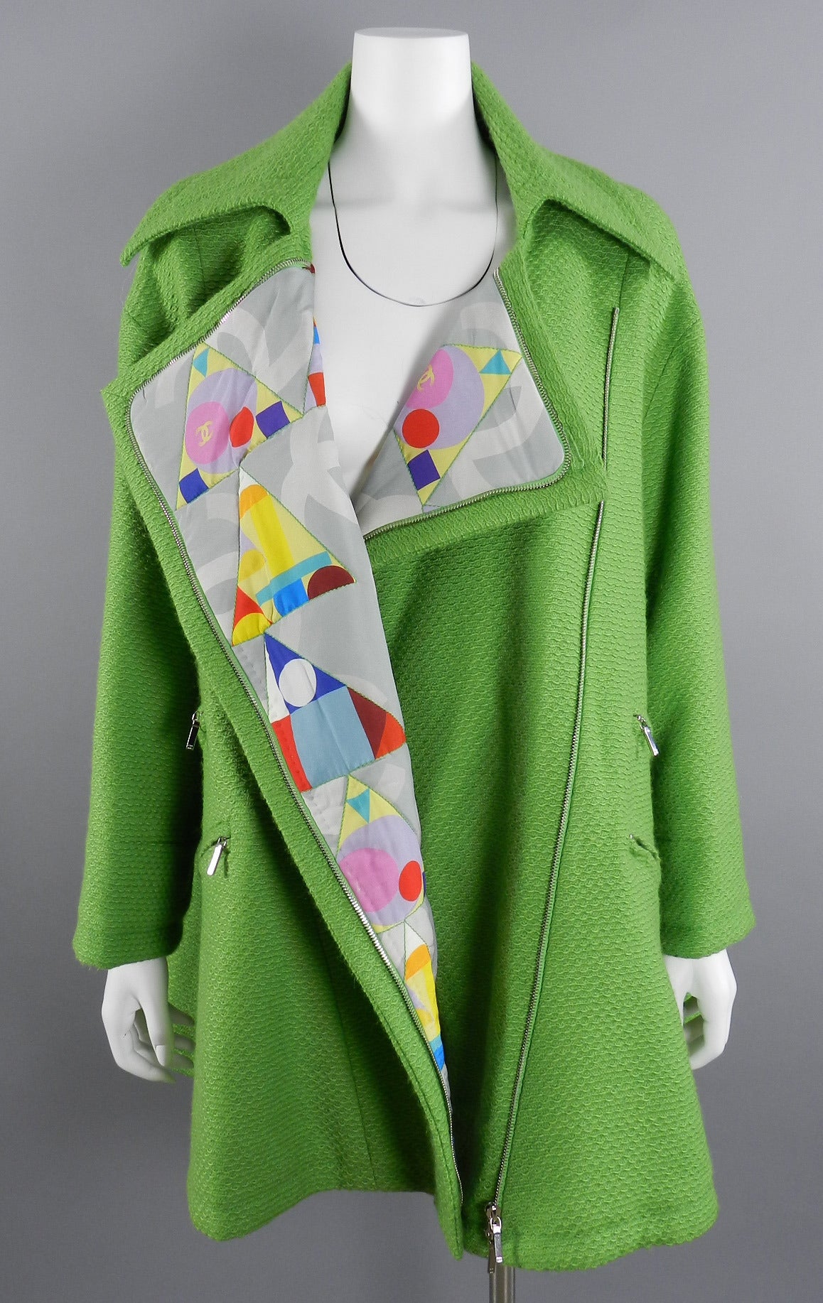 Women's Chanel 14A Lime Green Runway Swing Coat with Muti Silk Interior